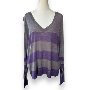 New C&C California Gray and Purple Stripe Slub Knit Long Sleeve V-neck Top | M